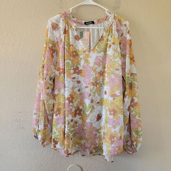 BTFBM Womens Top Size XL Floral Balloon Sleeves Boho Peasant Lightweight Nwt - Picture 1 of 7
